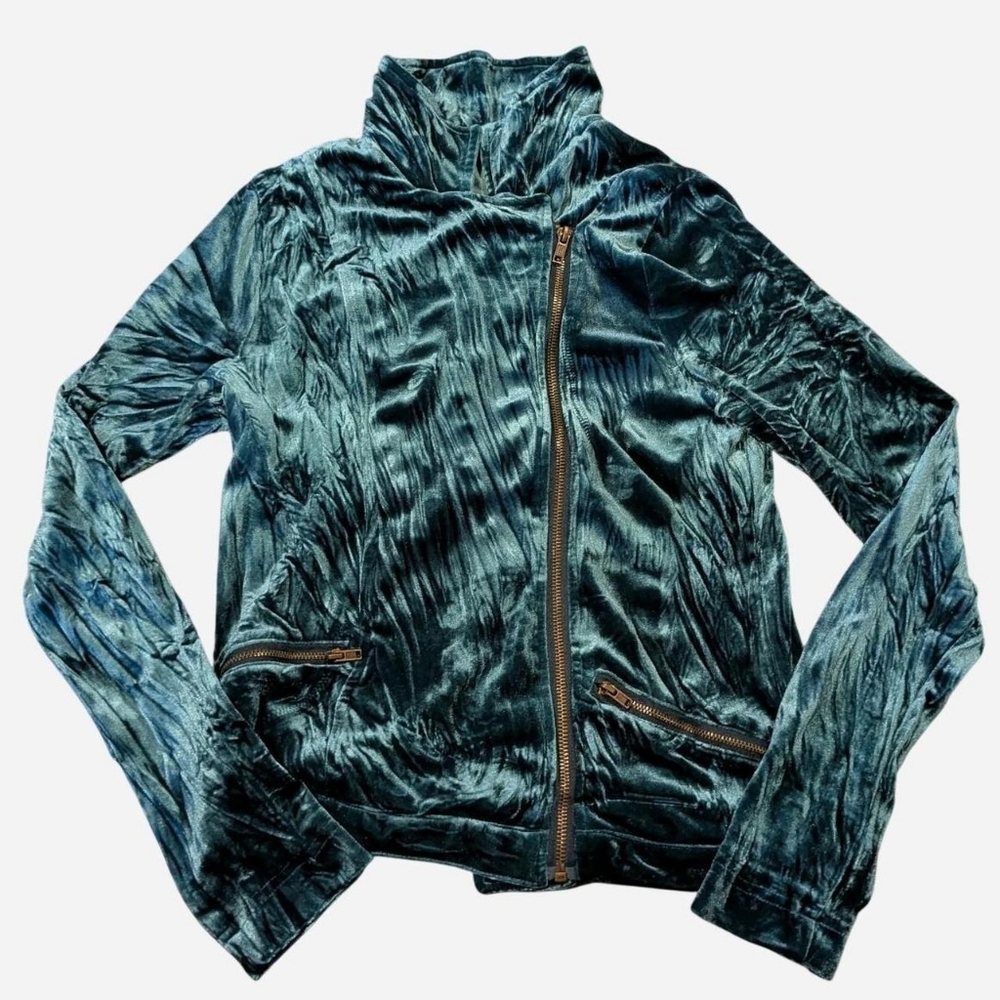Vintage Emerald Green Crushed Velvet Moto Zip Jacket